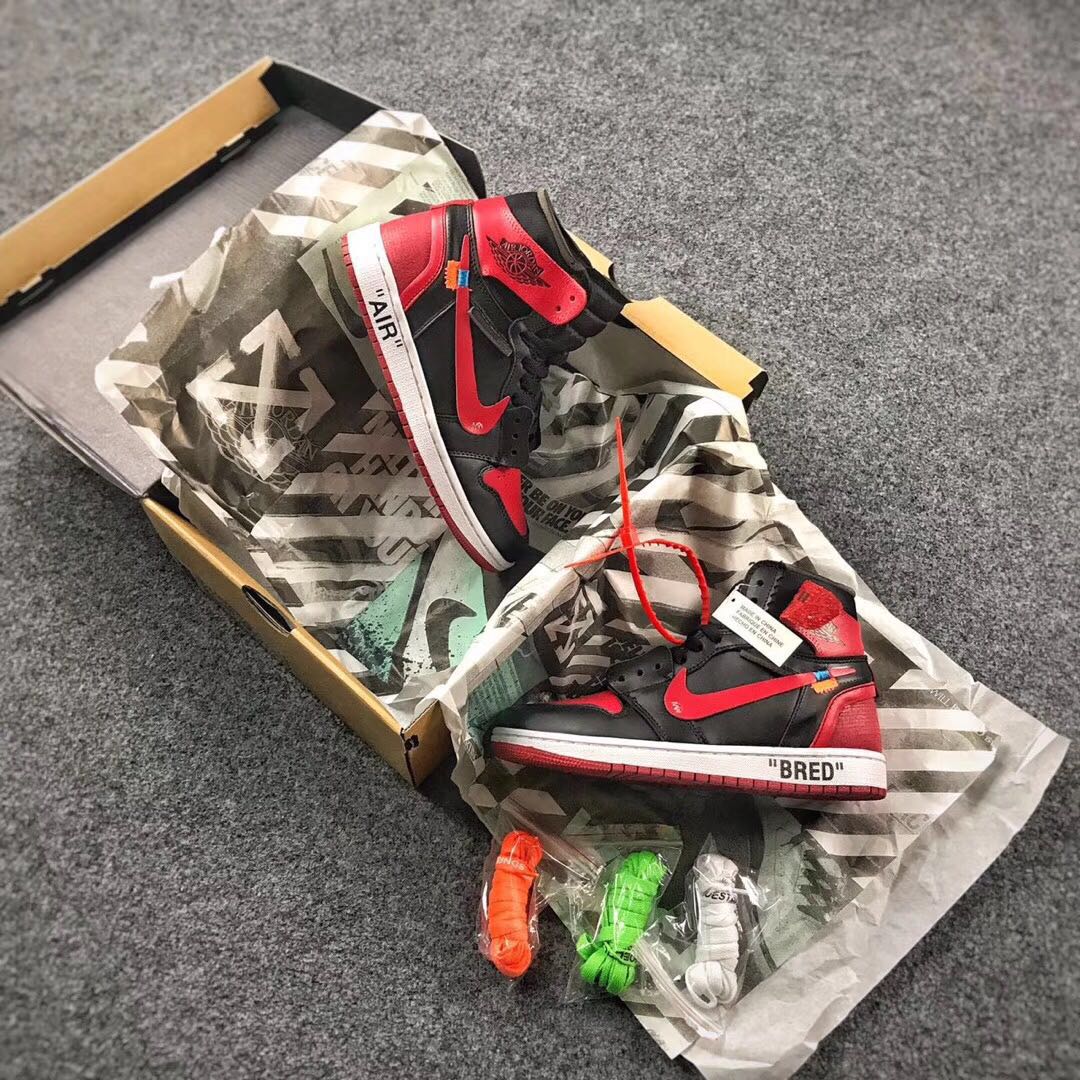OFF WHITE x Air Jordan 1 Bred Black Red Shoes - Click Image to Close
